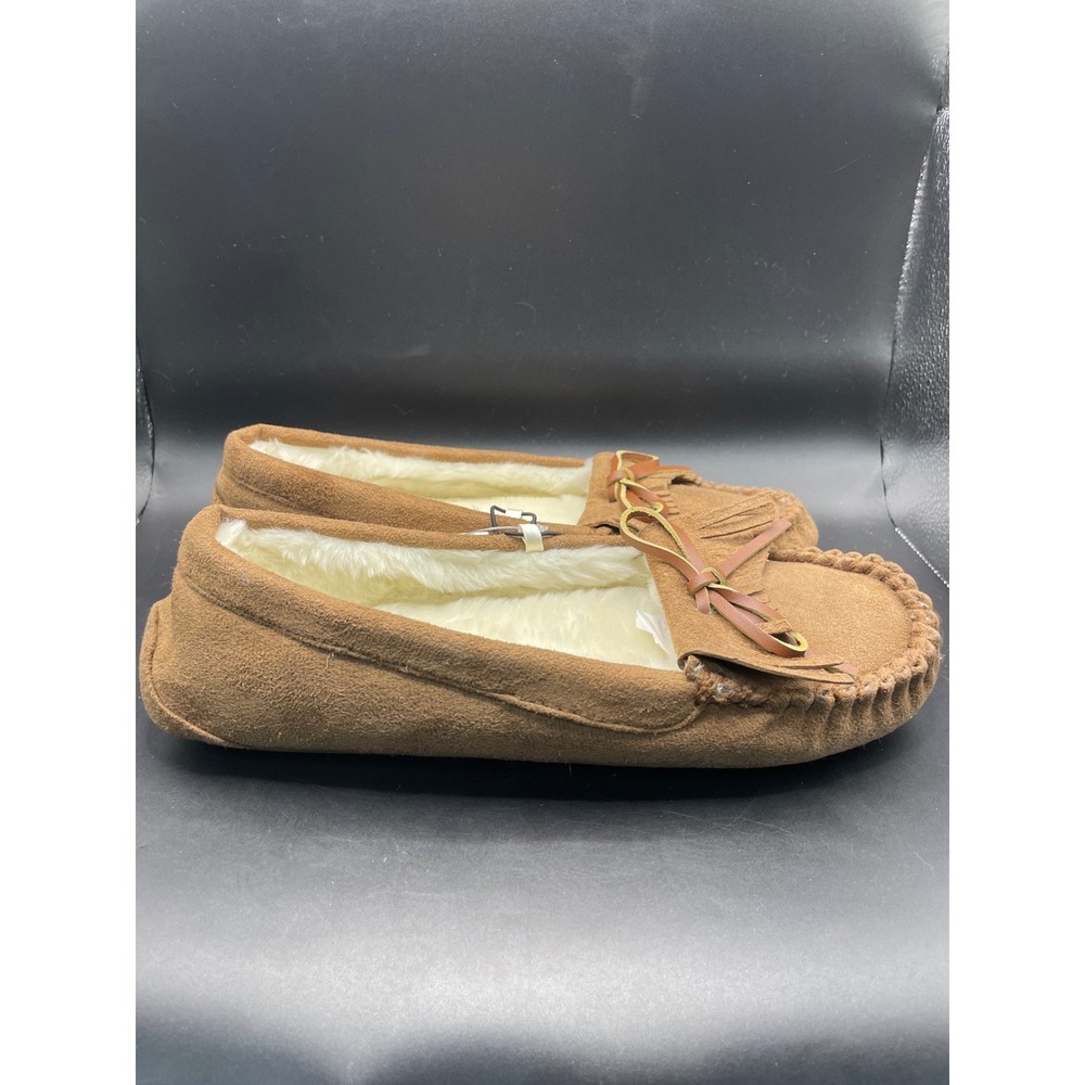 Goldtoe Womens Moccasin Slippers Tan Brown Faux Fur Lined Fringe Size L 9 NEW